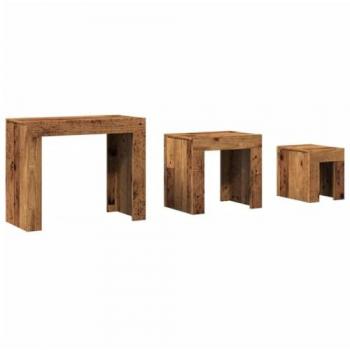 Juego de mesas apilables 3 piezas de madera de ingeniería envejecida, diseño vintage, color marrón, funcionalidad como mesa auxiliar y mesa anidada