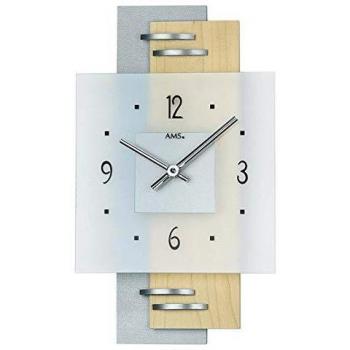 Reloj de pared moderno AMS W9248 en color plata y madera de arce, dimensiones 36 cm x 22 cm x 5 cm