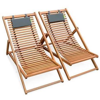 Pareja de tumbonas para jardín y piscina Bilbao, eucalipto natural, set de 2, dimensiones 102x56x86 cm