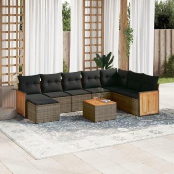 9-Piece Grey Poly Rattan Garden Sofa Set with Cushions