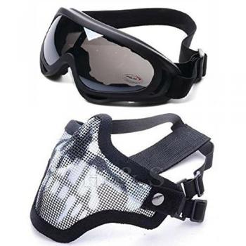 2 en 1 máscara de protección de malla de acero + gafas deportivas de protección UV400, anti-viento para Airsoft y Paintball, color negro