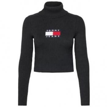 Tommy Jeans Women's Slim Fit Black Melange Turtleneck Sweater with Logo Flag