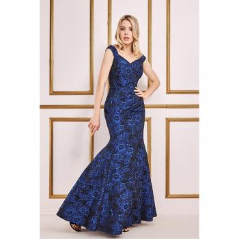 Goddiva Bardot Jacquard Maxi Dress - Royal Blue