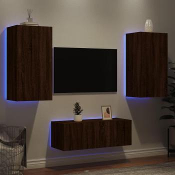 Mueble de TV pared con LED 4 piezas madera ingeniería marrón roble