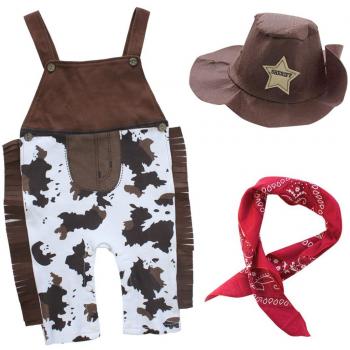 IEFIEL Pantalones de Peto Disfraces de Vaquero Conjuntos Algodón para Bebé Niño Disfraz Halloween Cosplay con Sombrero Pañuelo Mameluco de Carnaval Marrón 18-24 Meses
