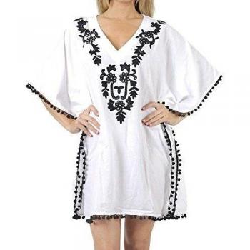 La Leela rayón floral profunda cuello bañador pompón bordado súper suave floral hawaiano 4 1 bikini cubre para arriba top vestido traje baño complejo básica túnica caftán blanco desgaste mujeres