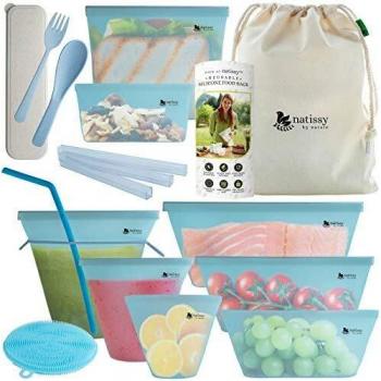 Bolsas de Silicona Reutilizables para Almacenamiento de Alimentos, 8 Piezas Bolsas Congelar Conservación Ecológicas sin BPA, Envases de Silicona Reutilizables, Bolsas Zip de Congelacion; Silicone Bags