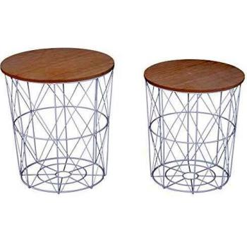 HOMCOM Juego de 2 Mesita de Café Centro Industrial Tapa Extraíble Cestas de Metal Mesa Auxiliar Metálica para Salón Sofá Estilo Moderno y Nórdico