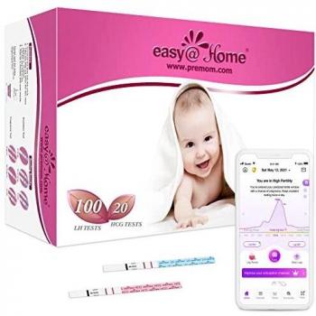 Easy@Home 100 Pruebas de Ovulación y 20 Pruebas de Embarazo Kits de Tests de Ovulación y Fertilidad, Resultados Precisos con la App Premom Español