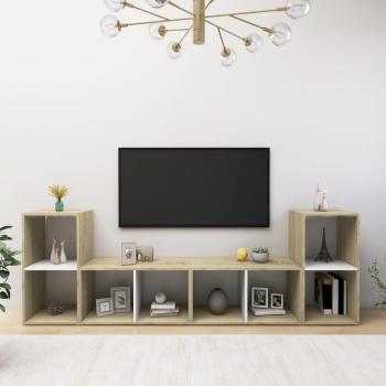 Mueble de TV 4 piezas blanco y roble, dimensiones 72x35x36,5 cm, fabricado en madera multicapa