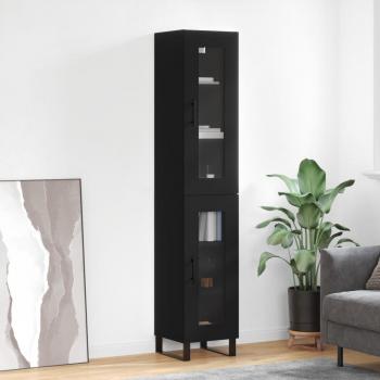 Aparador alto de madera contrachapada negro 34,5x34x180 cm con 1 puerta de cristal, mueble de almacenaje para salón, buffet y armario auxiliar
