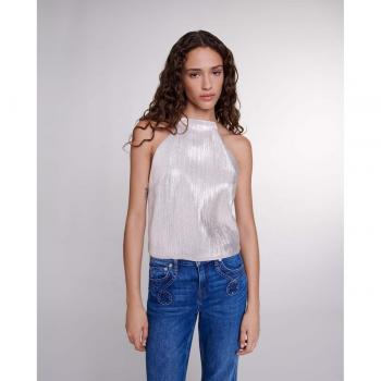 Maje Silver Metallic Halter Top for Women - Size Large