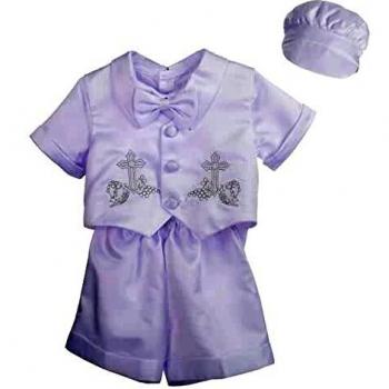 Lito Angels 4 Piezas Saten Ropa de Bautizo Traje de Bautismo para Bebe Niño, con Gorro Capó, Manga Corta, Blanco, Talla 18 Meses, A