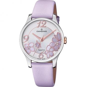 Reloj Candino Lady Elegance C4720/2 para Mujer, Caja de Acero Inoxidable 316L Plateado, Correa de Piel Morada