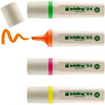 edding 24 EcoLine marcador fluorescente, juego de 4-amarillo,naranja,rosa,verde, punta biselada 2-5mm-para marcar y resaltar textos/notas de forma rápida y sencilla-rellenable, material reciclable