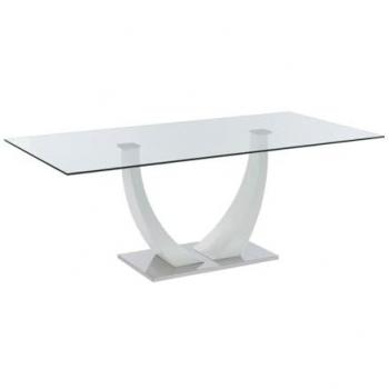 Mesa de comedor MEZZO II - 8 comensales - Cristal templado, MDF y acero inoxidable - Blanco