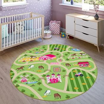 Alfombra Infantil de Juego Motivo Calles y Caballos Verde Rosa 160x220 cm