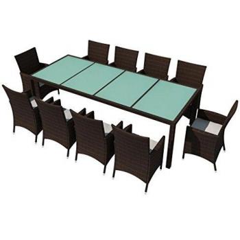 11-Piece Brown Poly Rattan Outdoor Dining Set with Cushions