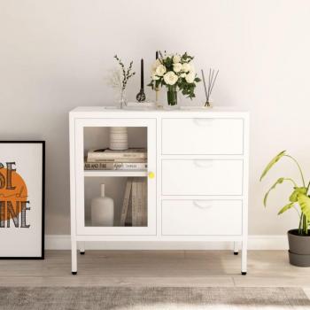 Aparador de acero y vidrio templado blanco 75x35x70 cm - Mueble de Almacenaje de Salón, Buffet para salón, Armario Auxiliar, Armario de Almacenamiento