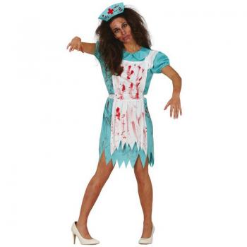 Disfraz de Enfermera Zombie para Mujer - Incluye vestido desgastado con manchas de sangre, cofia a juego, guantes y detalles en estilo gótico