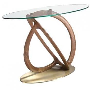 Consola Ovalada de Cristal Templado y Nogal con Base Dorada - 125 x 45 x 80 cm - Diseño Moderno Ángel Cerdá