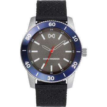 Reloj Hombre Mark Maddox Mission (tres agujas, acero y aluminio, correa nylon negra)