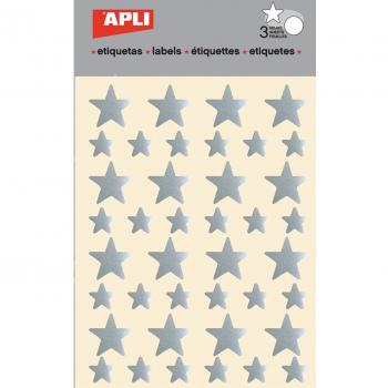 APLI - Bolsa de pegatinas estrella plata, grandes y pequeñas 3 hojas