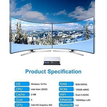 Mini PC, Atom Z8350 8GB RAM/128GB ROM Mini Ordenador, Windows 10 Pro Support 4K HD, HDMI+VGA, 2.4G/5G WiFi, Bluetooth, Gigabit Ethernet Mini Desktop Computer
