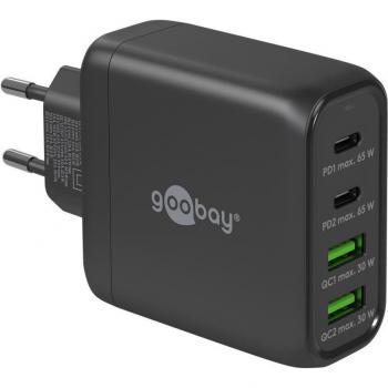 Cargador Rápido Multipuerto USB-C PD GaN (68 W) Negro - 2x USB-A (QC) y 2x USB-C (Power Delivery)