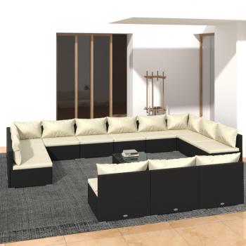 14-Piece Black Poly Rattan Garden Lounge Set with Cushions