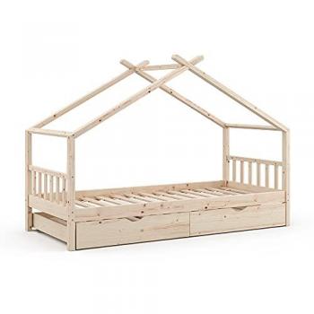 Cama en forma de casa Design, Madera Natural, 90x200 cm con Cama de Invitados