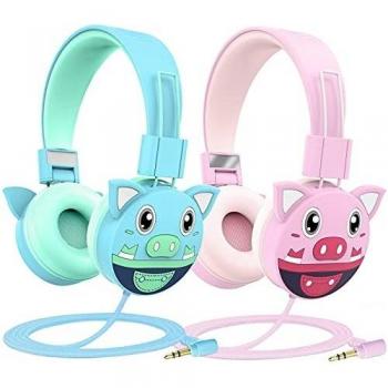 puersit Auriculares Niños, Cascos Infantiles con Límite de Volumen de 85 dB,Cascos para Niños Ajustables y Plegables para la Escuela,Viajes, Azul + Rosa