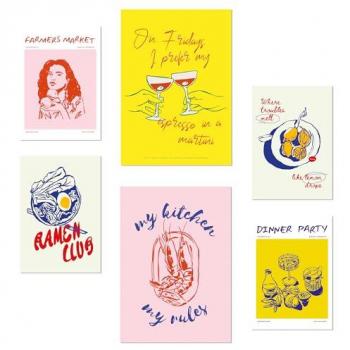 Set de 6 Pósters Pop Art de Alimentos y Vino para Decoración de Paredes A3 y A4 Sin Marco
