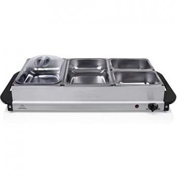Tristar BP-6285 Servidor de buffet, 2 x 2.4 l + 2 x 1 l, Función Mantenimiento Calor y Placa Calientaplatos, Bandeja Alimentos Calientes con Tapas, Temperatura Ajustable, 300 W, Acero Inoxidable