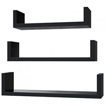SONGMICS Juego de 3 estantes murales Modernos, Estantes flotantes de Pared, Estantes de Almacenamiento de MDF, Acabado de Alto Brillo, Montaje Oculto, Negro, LWS40BK