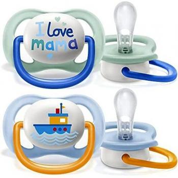 Philips Avent Ultra Air Pacifier, for 0-6m, Orthodontic & BPA-Free, 2 pcs, Including Sterilizer/Carrying Case, SCF080/01 Light Green/Dark Blue and Light Blue/Orange
