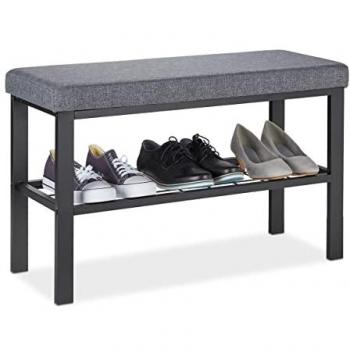 Banco Zapatero Recibidor con Asiento Acolchado, Balda para Zapatos, 50,5x81x32 cm, Negro y Gris - Relaxdays