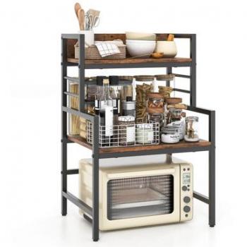 Rustic Brown 3-Tier Microwave Stand with Storage Shelves and Metal Frame