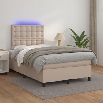 Cama Box Spring con Colchón y LED de Cuero Sintético Capuchino 120x200cm