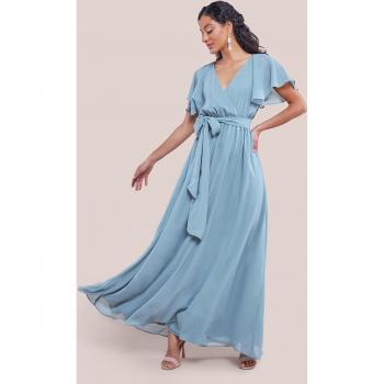 Goddiva Sustainable Chiffon Flutter Sleeve Wrap Maxi Dress - Sage Green, Size 18 UK