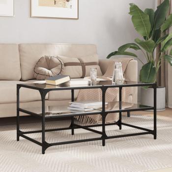Mesa de centro superficie de vidrio y acero negro 98,5x50x45 cm transparente y negra para salón o comedor, mesa auxiliar de café