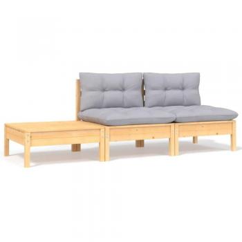 Juego de muebles de jardín 3 piezas con cojines gris madera pino sólido