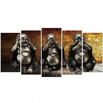 DekoArte 186 - Cuadros Modernos Impresión de Imagen Artística Digitalizada | Lienzo Decorativo Para Tu Salón o Dormitorio | Estilo Zen 3 Budas Ver Oír y Callar Fondo De Madera | 5 Piezas 200x100cm XXL