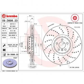 Disco de freno BREMBO 09D89823, frente, ventilado, altamente carbonizado, 1 pieza