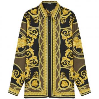 Versace Men's Barocco Print Silk Shirt in Golden | Size 52 | 10121411A113635BC60