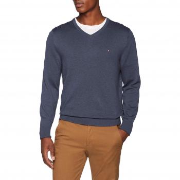 Tommy Hilfiger Cotton Silk Vneck, suéter para Hombre, Azul