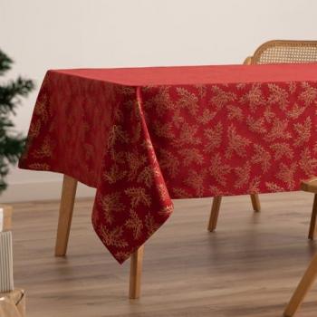 Mantel Navidad Jacquard Algodón Rojo 140x350 cm con Hilo Dorado
