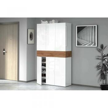 Zapatero Marzio, Armario Multifuncional de Entrada, 7 Puertas, Ahorra Espacio, 114x38x200 cm, Blanco y Roble, Panel Melamínico de 16 mm