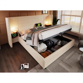 Cama contenedor de pana 160x200 cm con 2 mesitas de noche, luz de lectura y función de carga - beige
