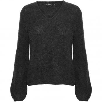 Soaked in Luxury Women's Black V-Neck Knit Jumper with Long Puff Sleeves